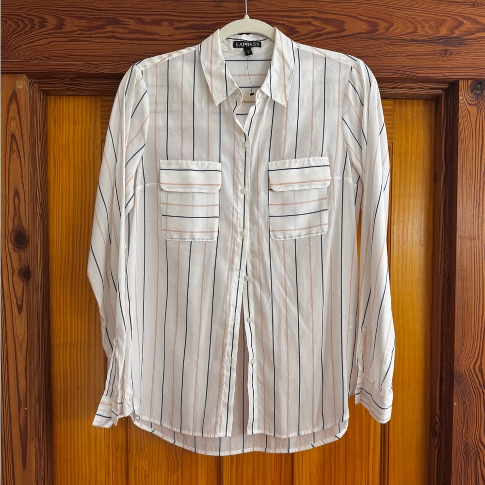 Express White With Pink And Blue Stripes Button Down Shirt